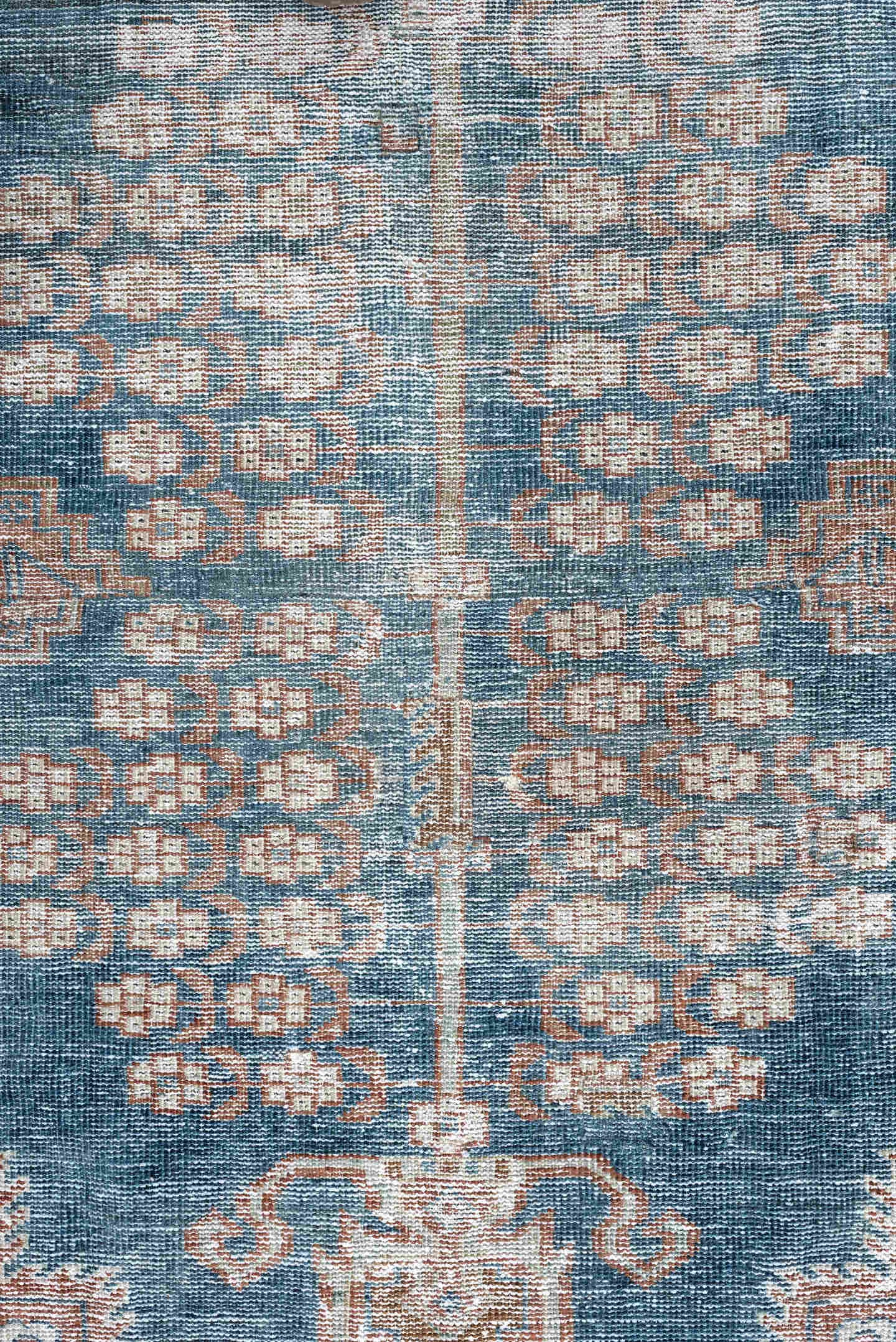 4' x 5' one-of-a-kind handmade antique Shiraz small size rug. Color palette: blue, rust, ivory, taupe, camel, terracotta
