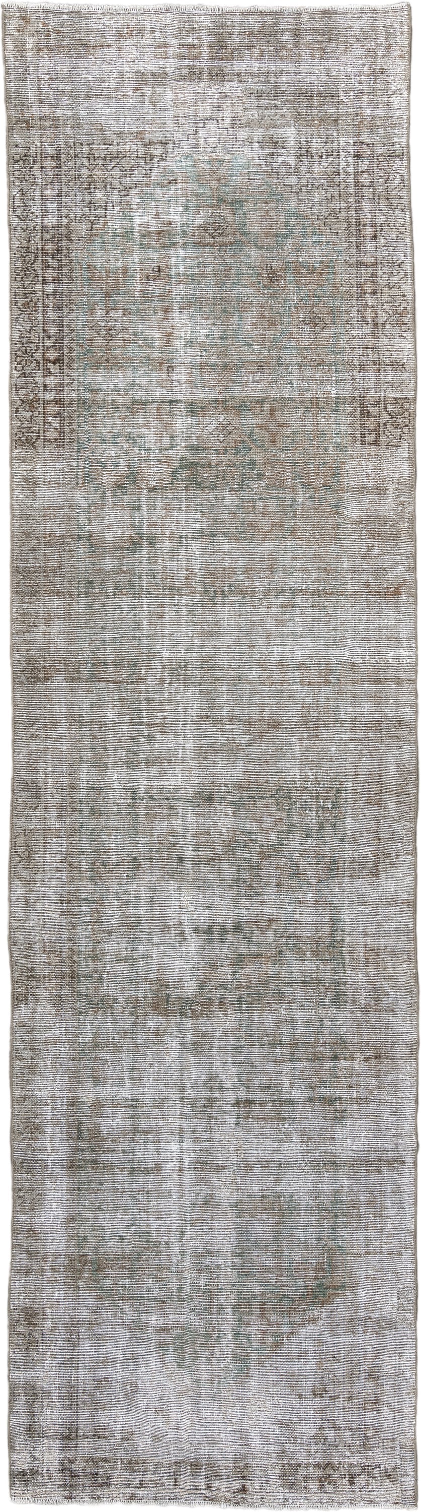 3' x 11' one-of-a-kind handmade antique Malayer runner rug. Color palette: taupe, ivory, sage, camel, brown, beige, gray