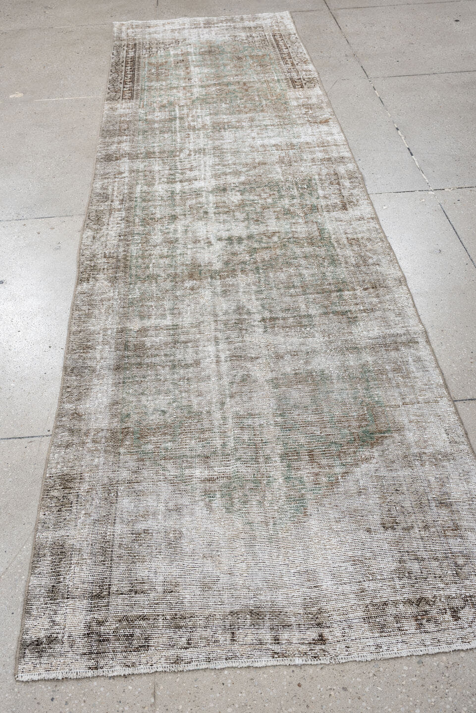 3' x 11' one-of-a-kind handmade antique Malayer runner rug. Color palette: taupe, ivory, sage, camel, brown, beige, gray