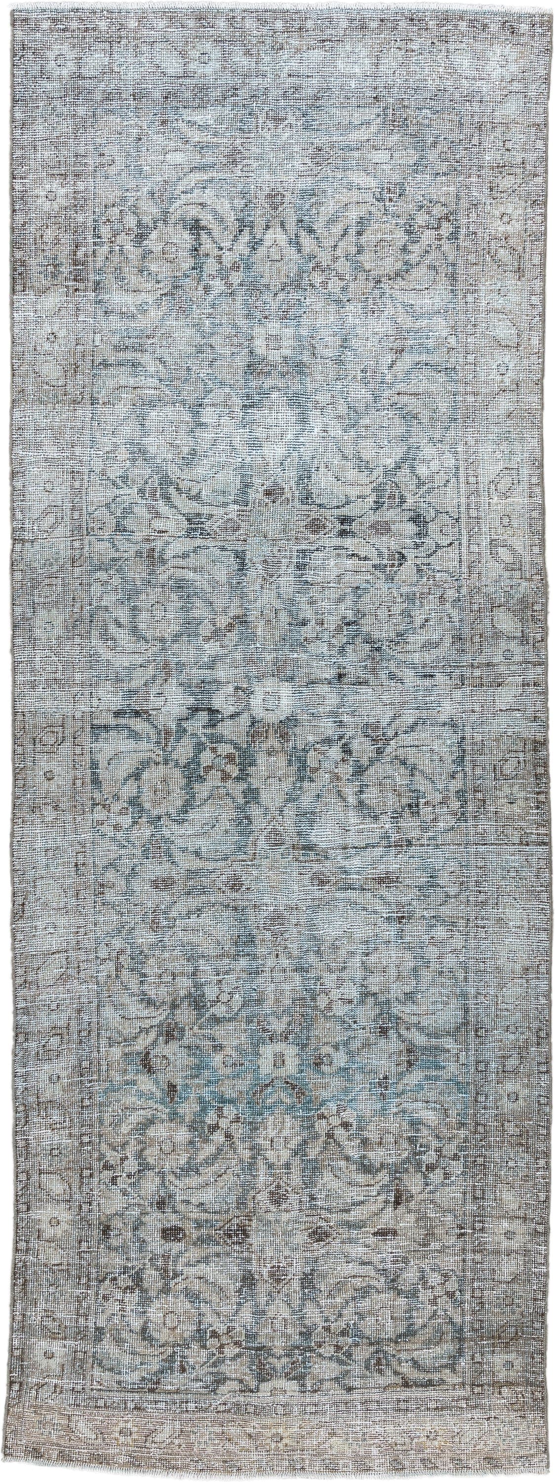 3' x 9' one-of-a-kind handmade antique Mahal runner rug. Color palette: ivory, taupe, pale blue, gray, brown, beige