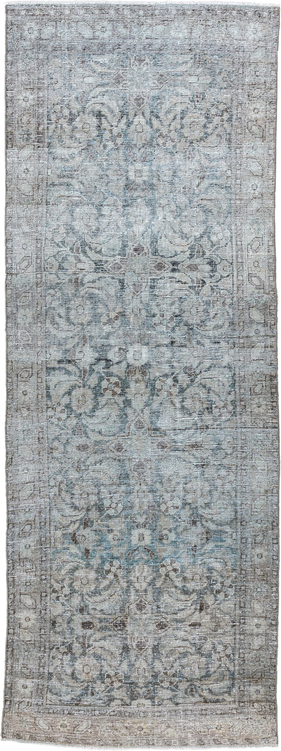 3' x 9' one-of-a-kind handmade antique Mahal runner rug. Color palette: ivory, taupe, pale blue, gray, brown, beige
