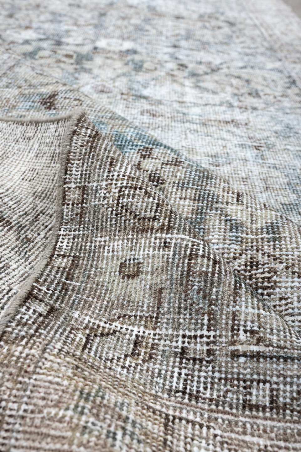3' x 9' one-of-a-kind handmade antique Mahal runner rug. Color palette: ivory, taupe, pale blue, gray, brown, beige