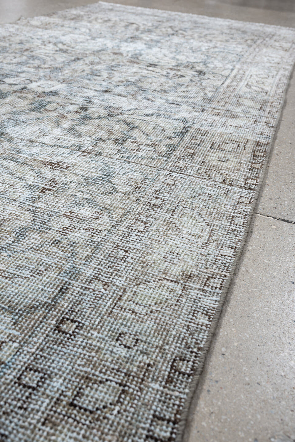 3' x 9' one-of-a-kind handmade antique Mahal runner rug. Color palette: ivory, taupe, pale blue, gray, brown, beige