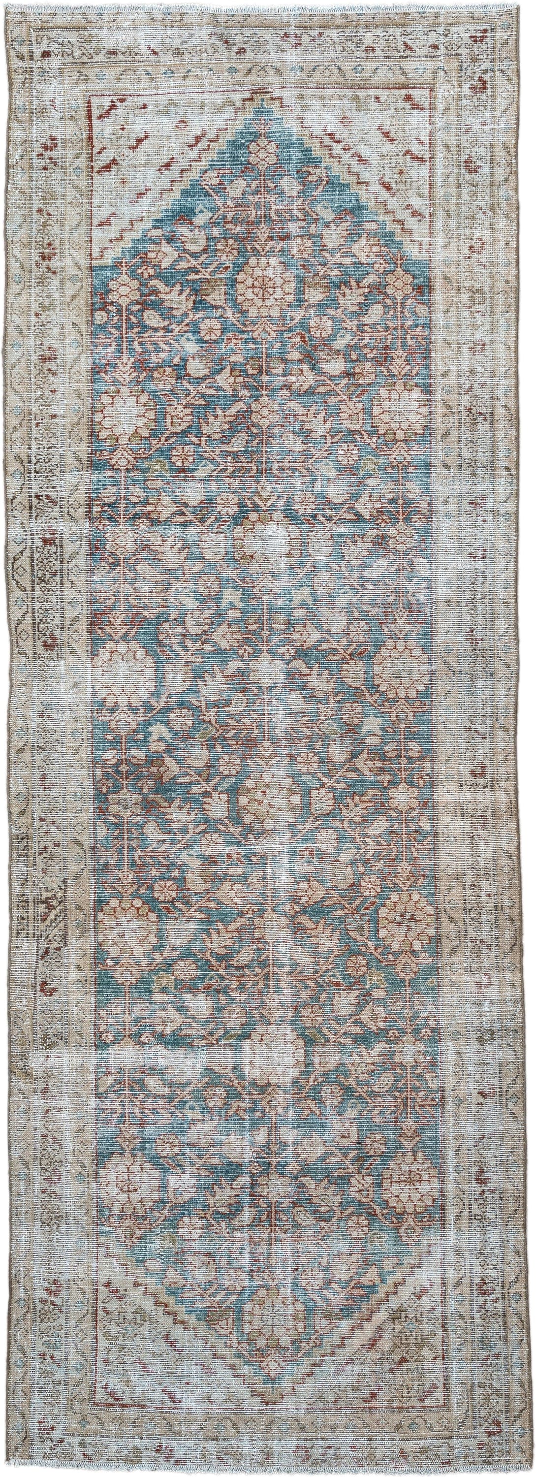 3' x 9' one-of-a-kind handmade antique Malayer runner rug. Color palette: ivory, sky blue, taupe, rose, beige, soft brown