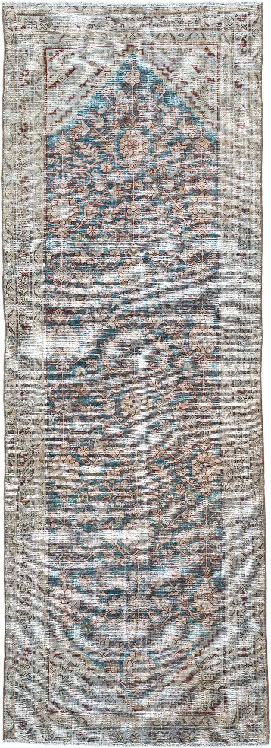 3' x 9' one-of-a-kind handmade antique Malayer runner rug. Color palette: ivory, sky blue, taupe, rose, beige, soft brown