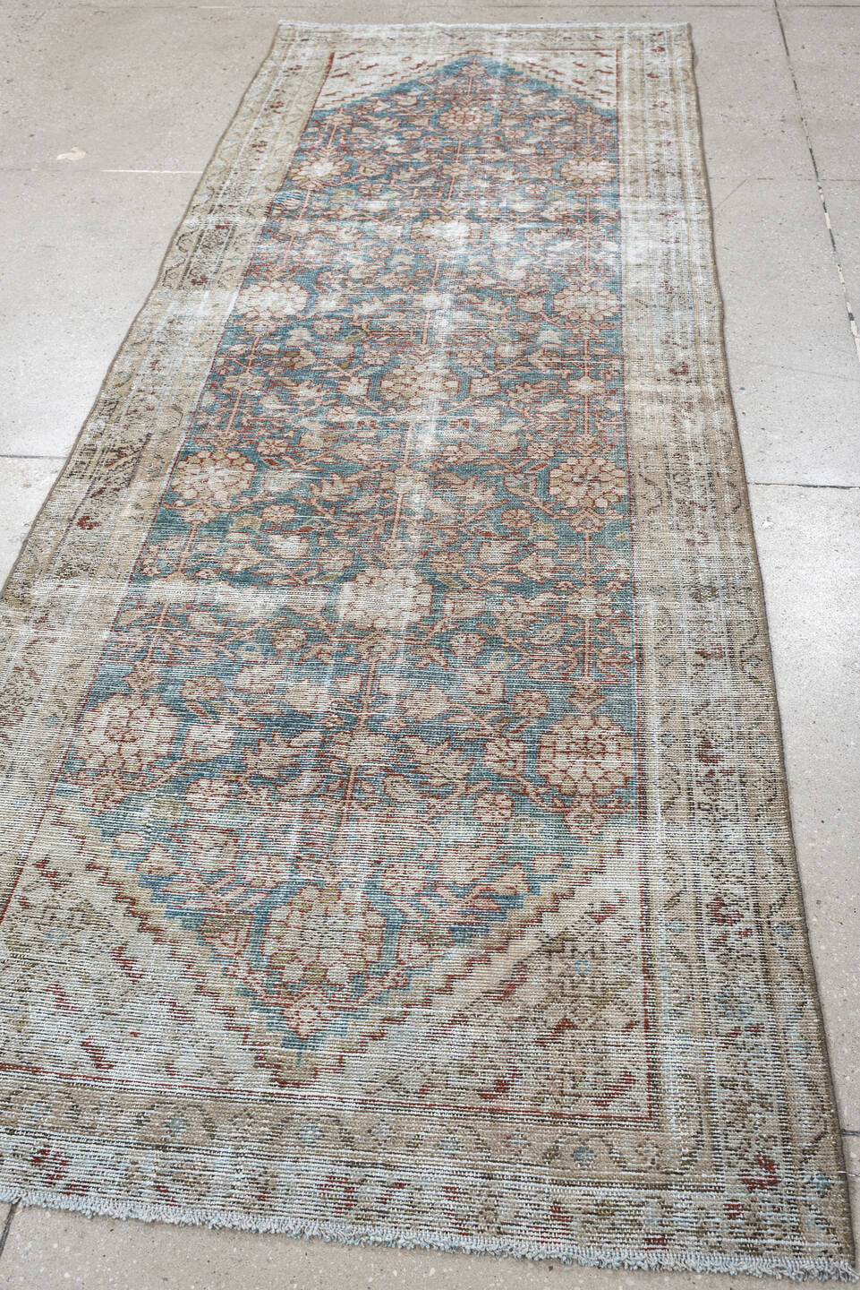 3' x 9' one-of-a-kind handmade antique Malayer runner rug. Color palette: ivory, sky blue, taupe, rose, beige, soft brown