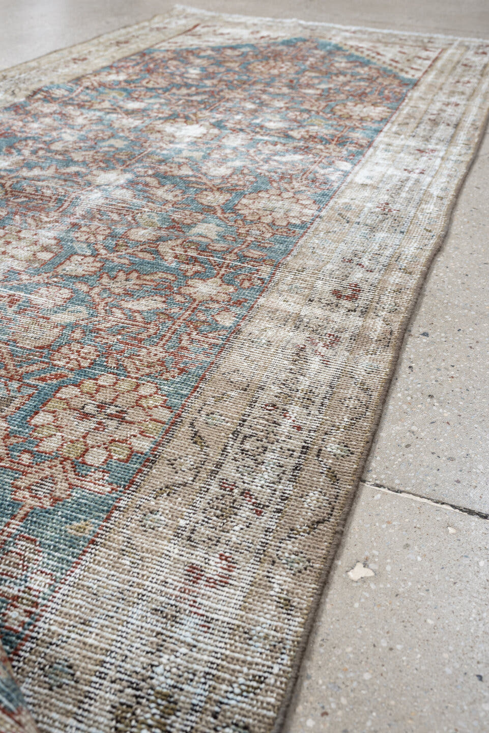 3' x 9' one-of-a-kind handmade antique Malayer runner rug. Color palette: ivory, sky blue, taupe, rose, beige, soft brown