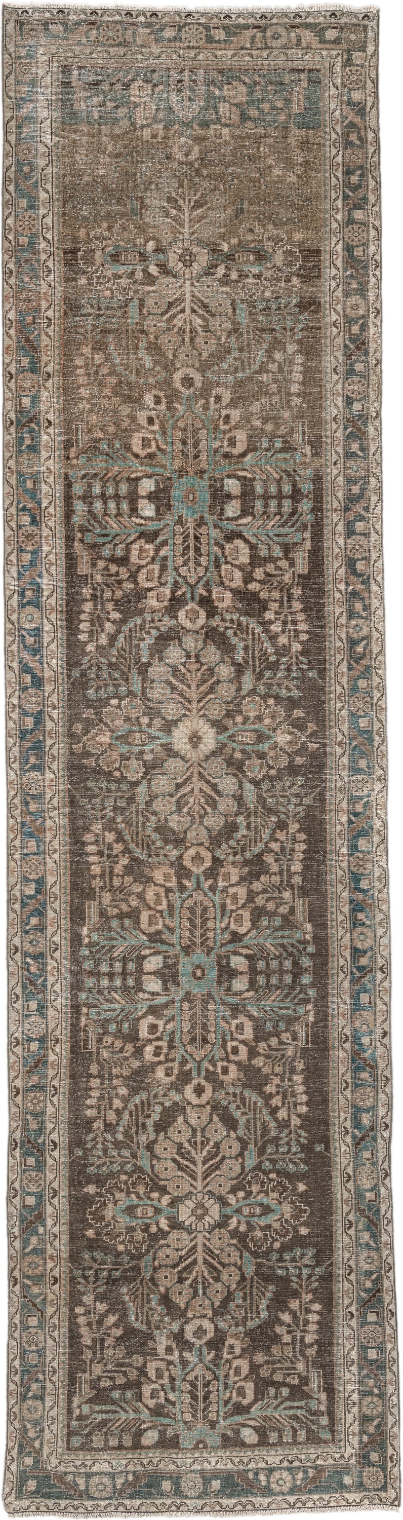 3' x 13' one-of-a-kind handmade antique Hamadan runner rug. Color palette: brown, taupe, ivory, aqua, beige, charcoal, gray