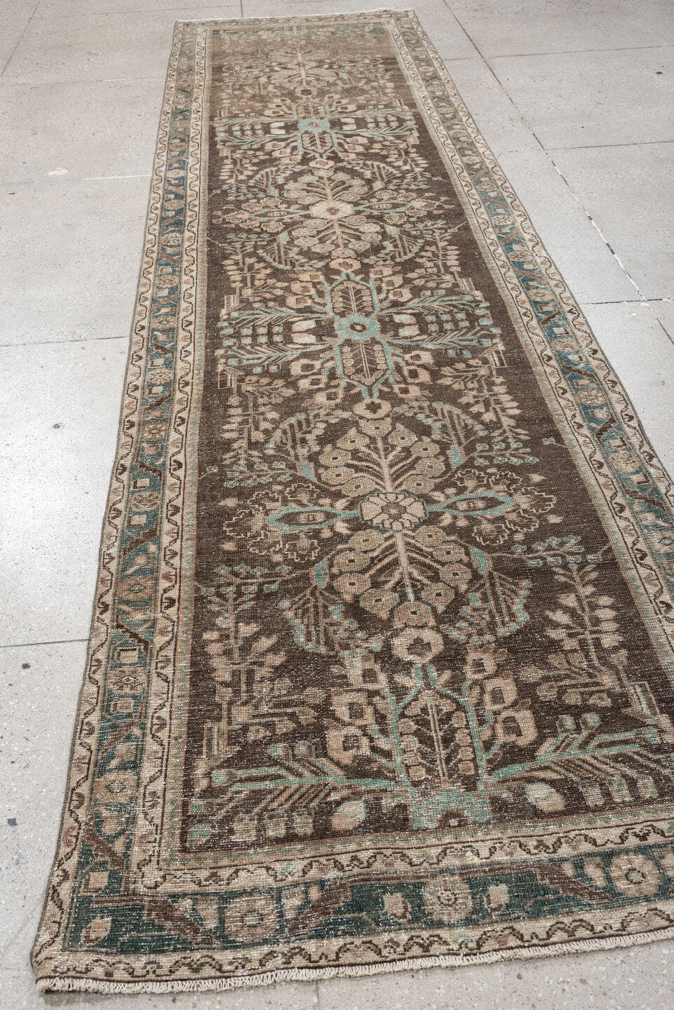 3' x 13' one-of-a-kind handmade antique Hamadan runner rug. Color palette: brown, taupe, ivory, aqua, beige, charcoal, gray