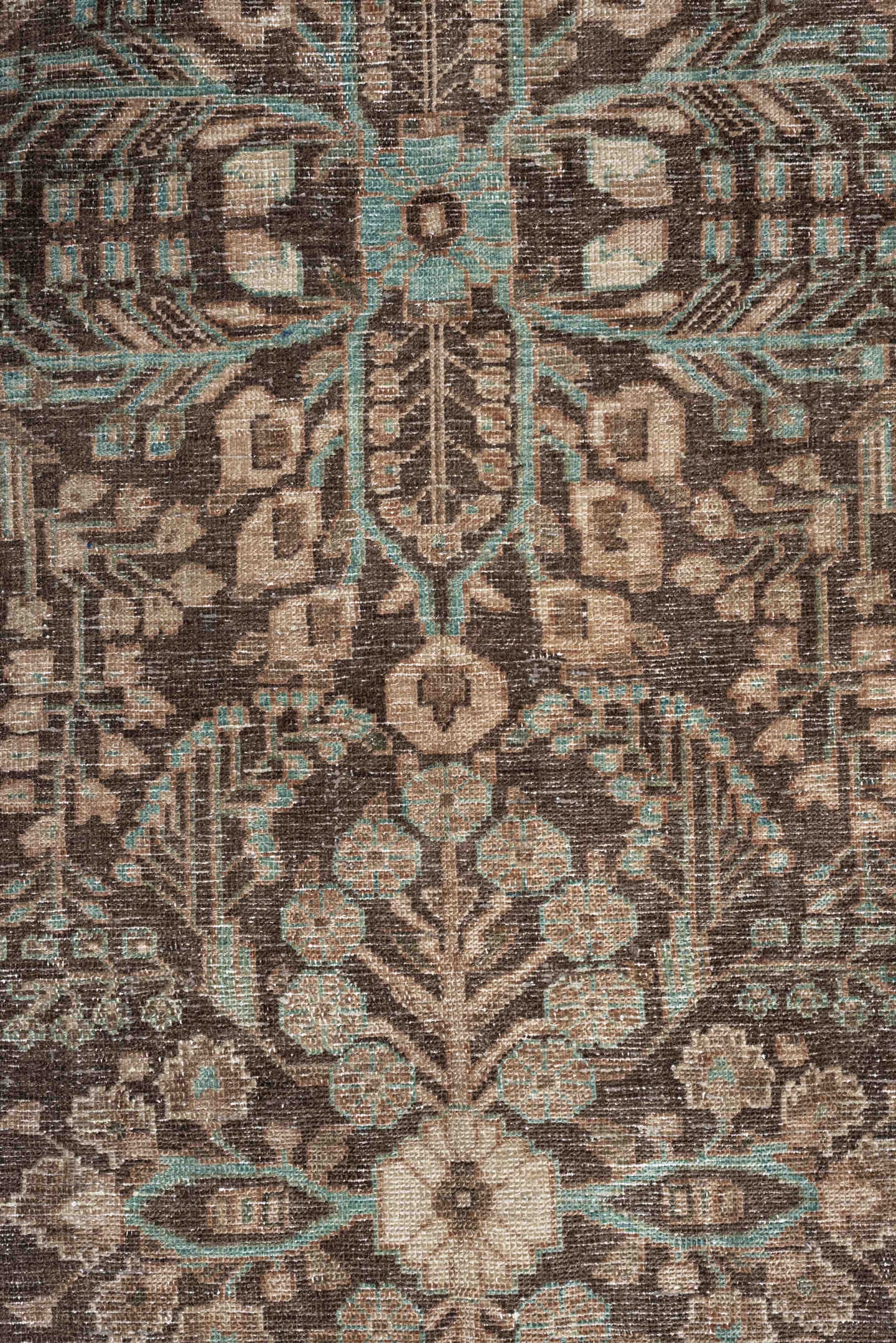 3' x 13' one-of-a-kind handmade antique Hamadan runner rug. Color palette: brown, taupe, ivory, aqua, beige, charcoal, gray