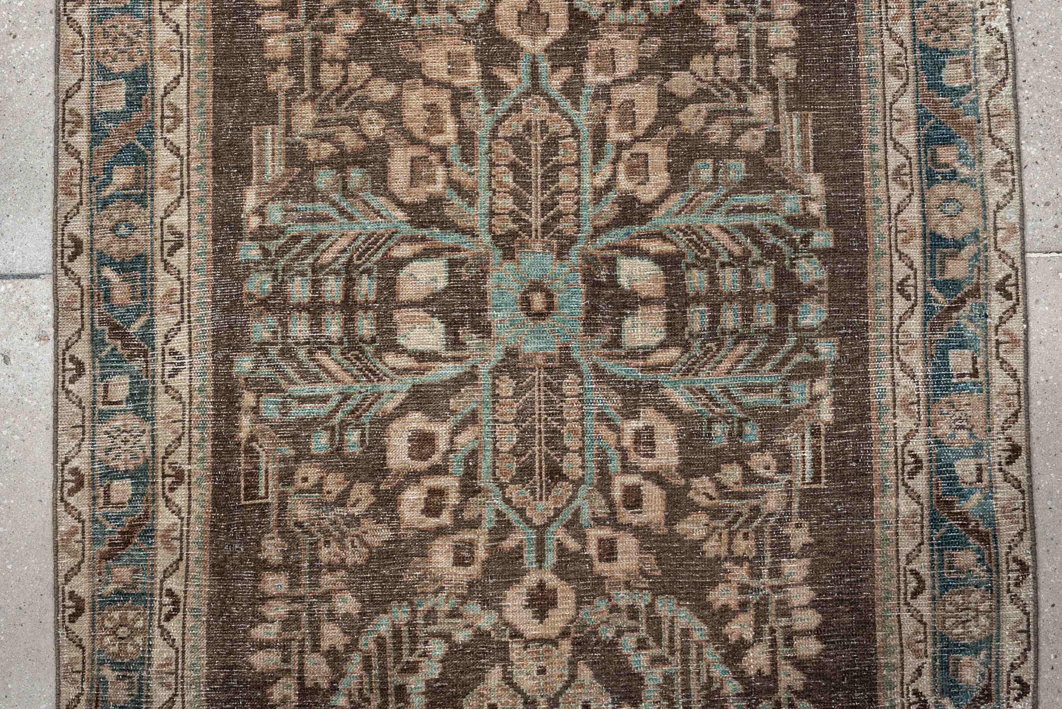 3' x 13' one-of-a-kind handmade antique Hamadan runner rug. Color palette: brown, taupe, ivory, aqua, beige, charcoal, gray
