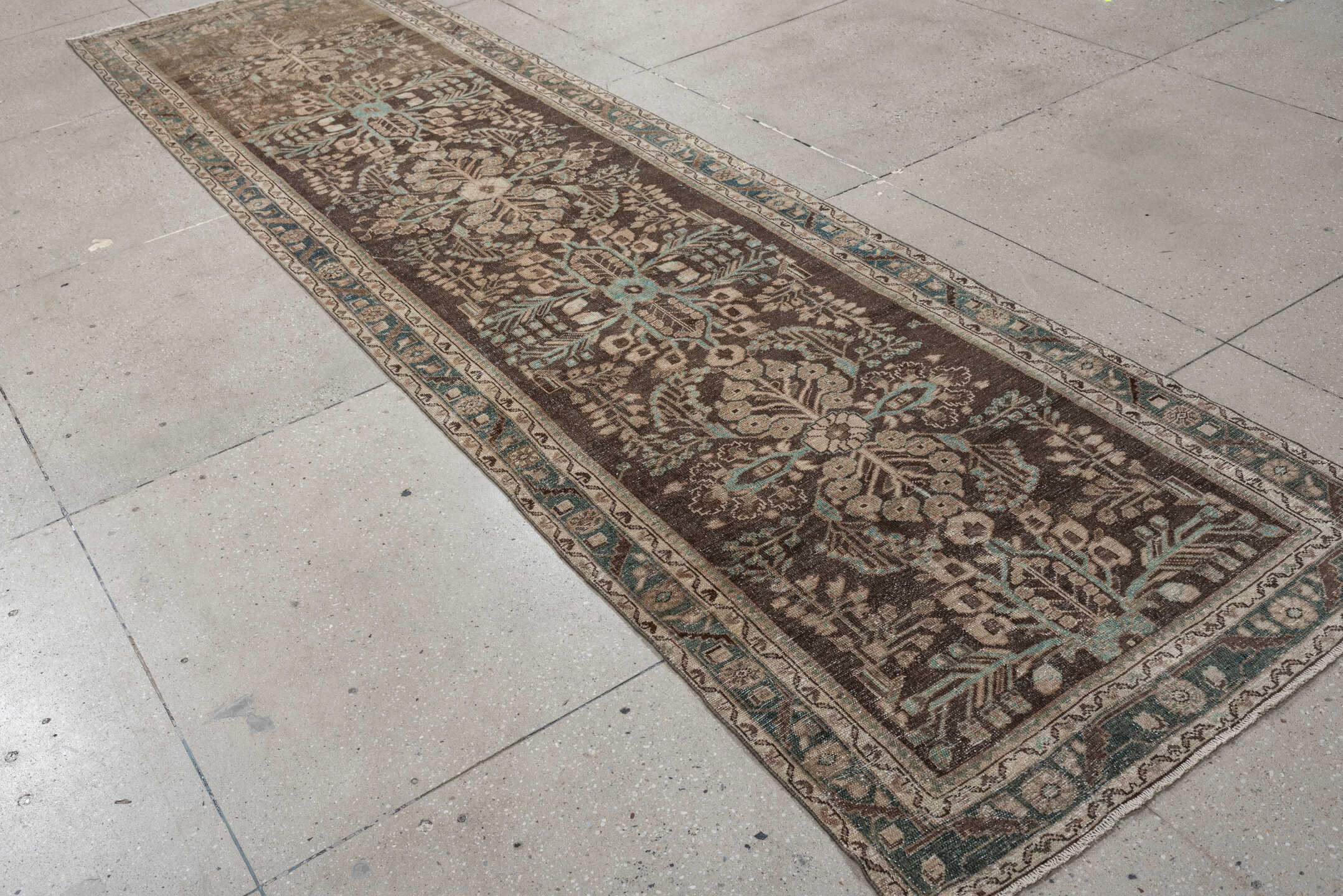 3' x 13' one-of-a-kind handmade antique Hamadan runner rug. Color palette: brown, taupe, ivory, aqua, beige, charcoal, gray