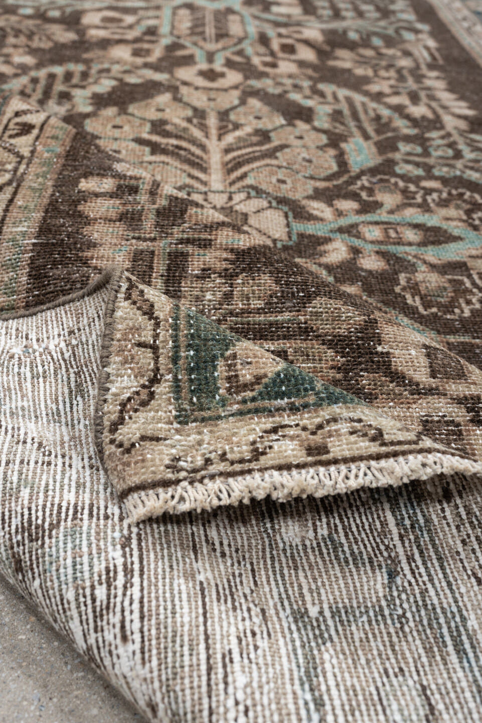 3' x 13' one-of-a-kind handmade antique Hamadan runner rug. Color palette: brown, taupe, ivory, aqua, beige, charcoal, gray