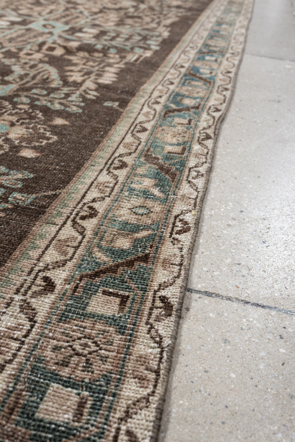 3' x 13' one-of-a-kind handmade antique Hamadan runner rug. Color palette: brown, taupe, ivory, aqua, beige, charcoal, gray