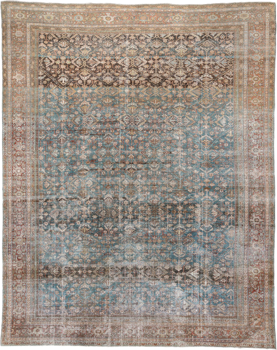 12' x 15' one-of-a-kind handmade antique Mahal oversize rug. Color palette: teal, rust, ivory, brown, taupe, charcoal, camel