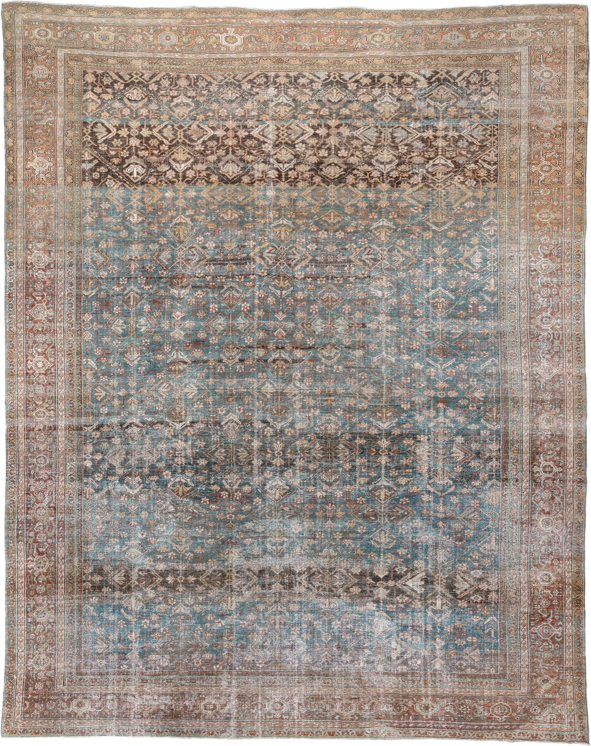 12' x 15' one-of-a-kind handmade antique Mahal oversize rug. Color palette: teal, rust, ivory, brown, taupe, charcoal, camel