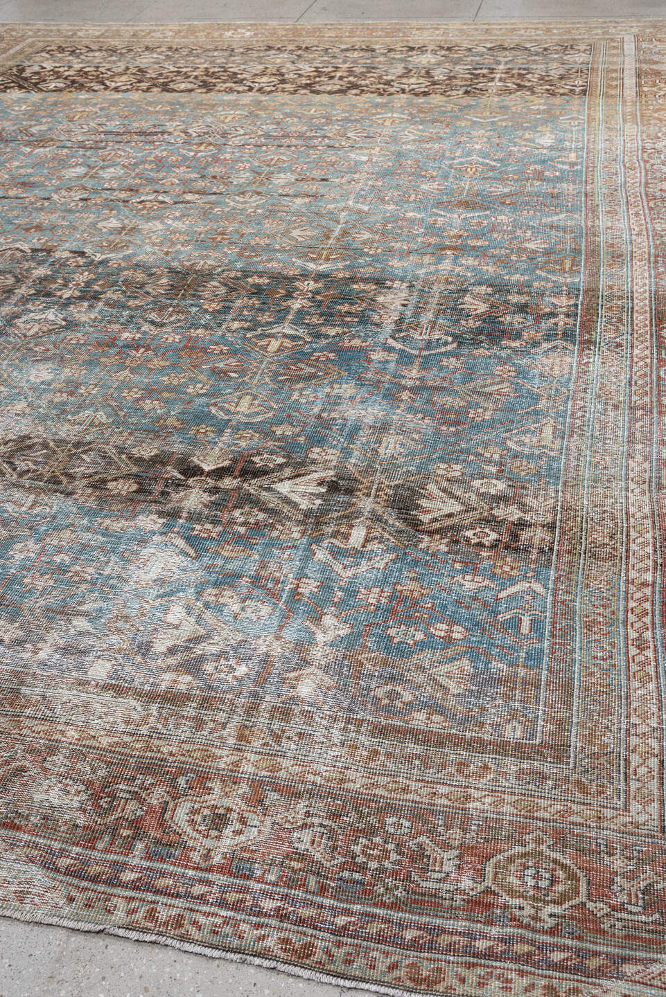 12' x 15' one-of-a-kind handmade antique Mahal oversize rug. Color palette: teal, rust, ivory, brown, taupe, charcoal, camel