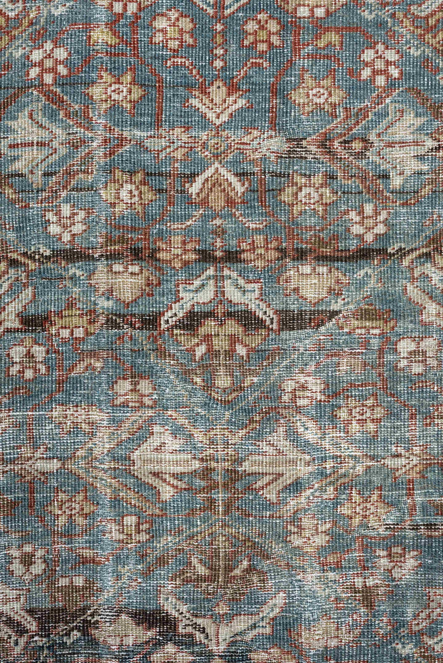 12' x 15' one-of-a-kind handmade antique Mahal oversize rug. Color palette: teal, rust, ivory, brown, taupe, charcoal, camel