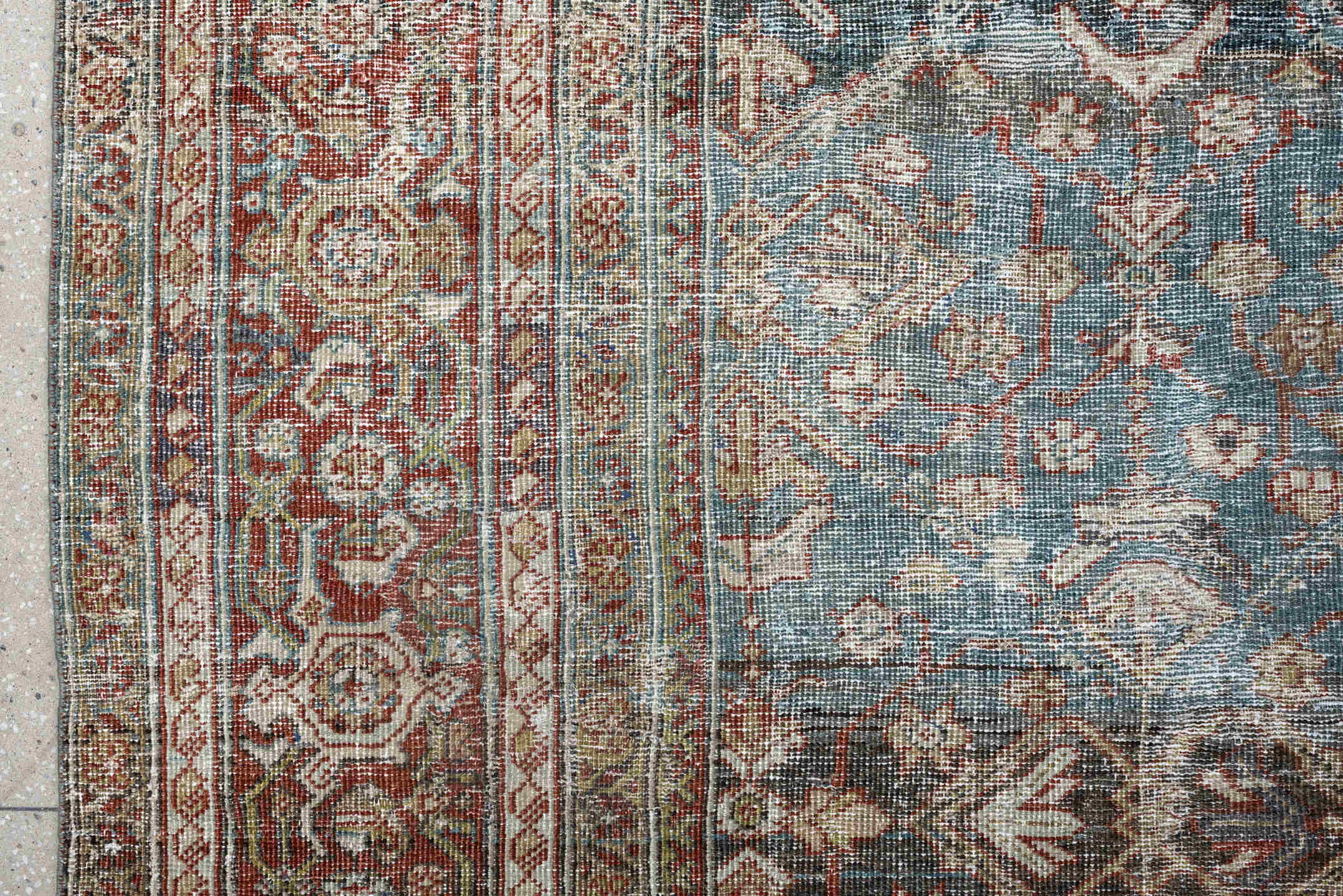 12' x 15' one-of-a-kind handmade antique Mahal oversize rug. Color palette: teal, rust, ivory, brown, taupe, charcoal, camel