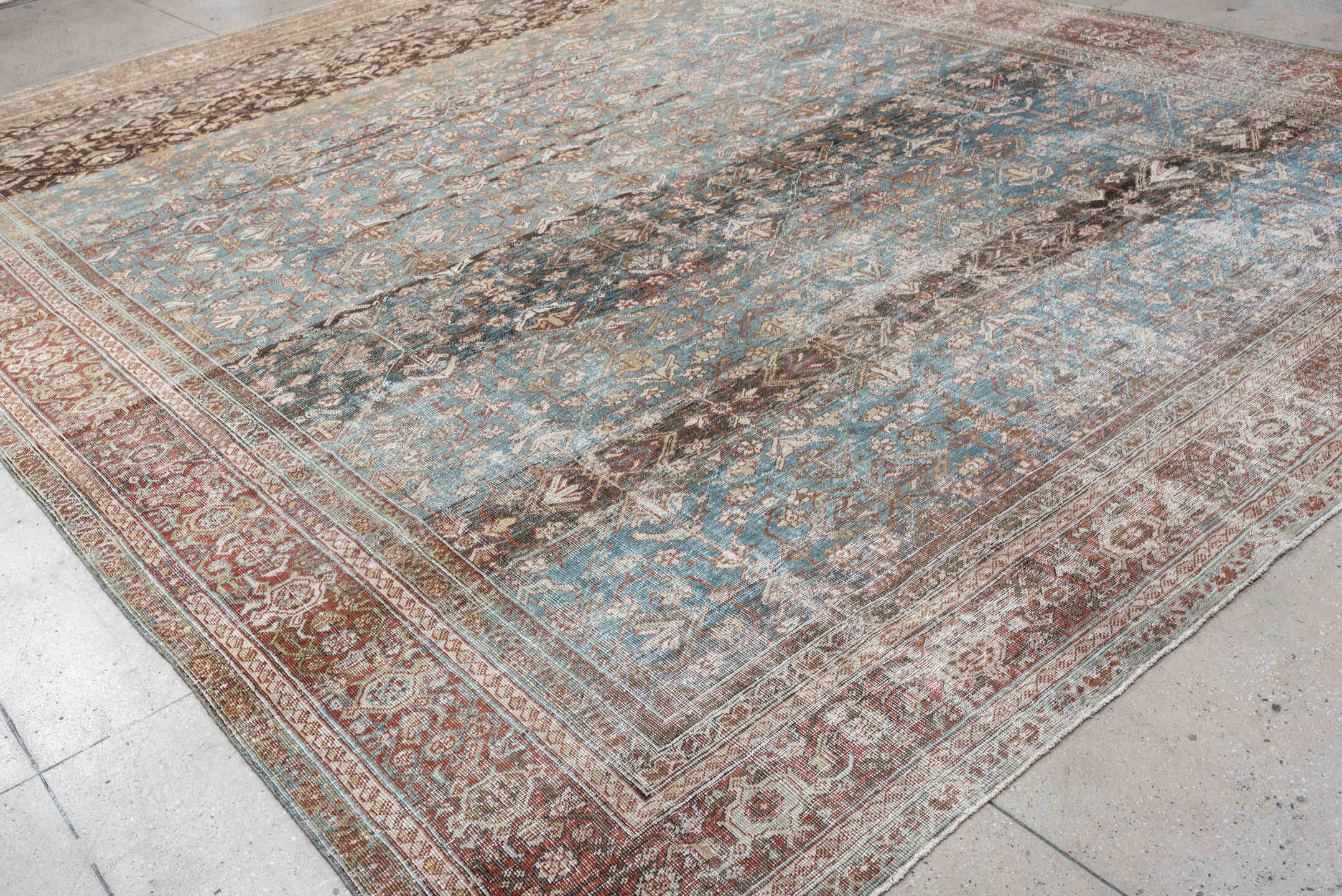 12' x 15' one-of-a-kind handmade antique Mahal oversize rug. Color palette: teal, rust, ivory, brown, taupe, charcoal, camel