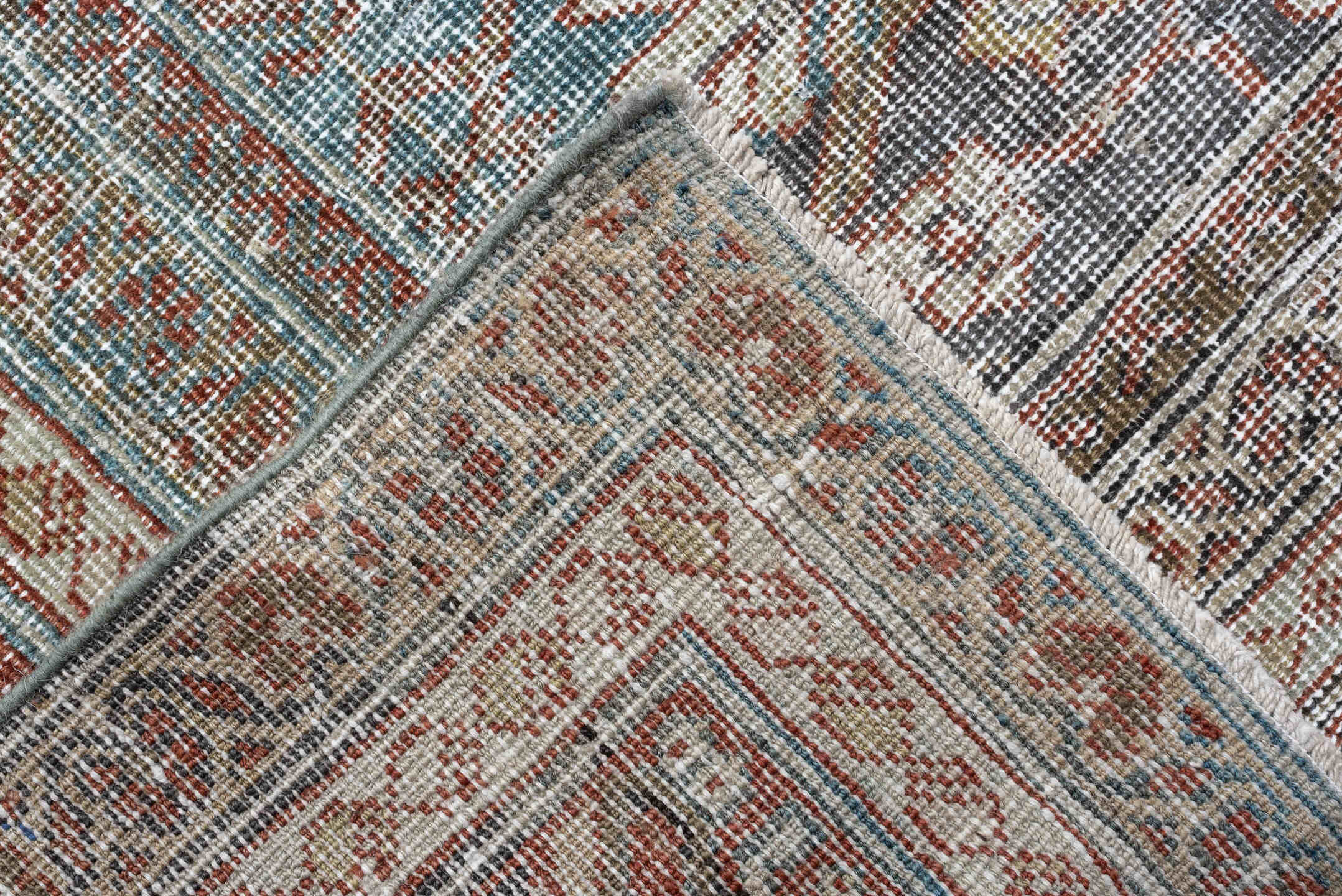 12' x 15' one-of-a-kind handmade antique Mahal oversize rug. Color palette: teal, rust, ivory, brown, taupe, charcoal, camel