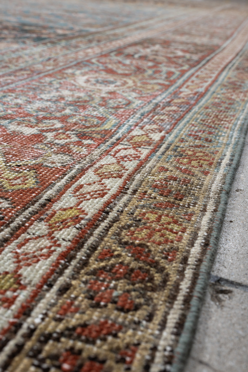 12' x 15' one-of-a-kind handmade antique Mahal oversize rug. Color palette: teal, rust, ivory, brown, taupe, charcoal, camel