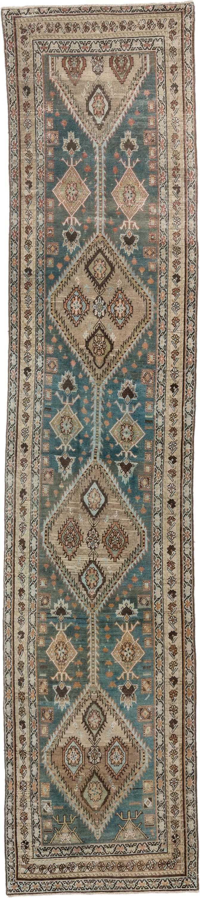 2' x 13' one-of-a-kind handmade antique Heriz runner rug. Color palette: ivory, teal, taupe, brown, rust, charcoal, camel