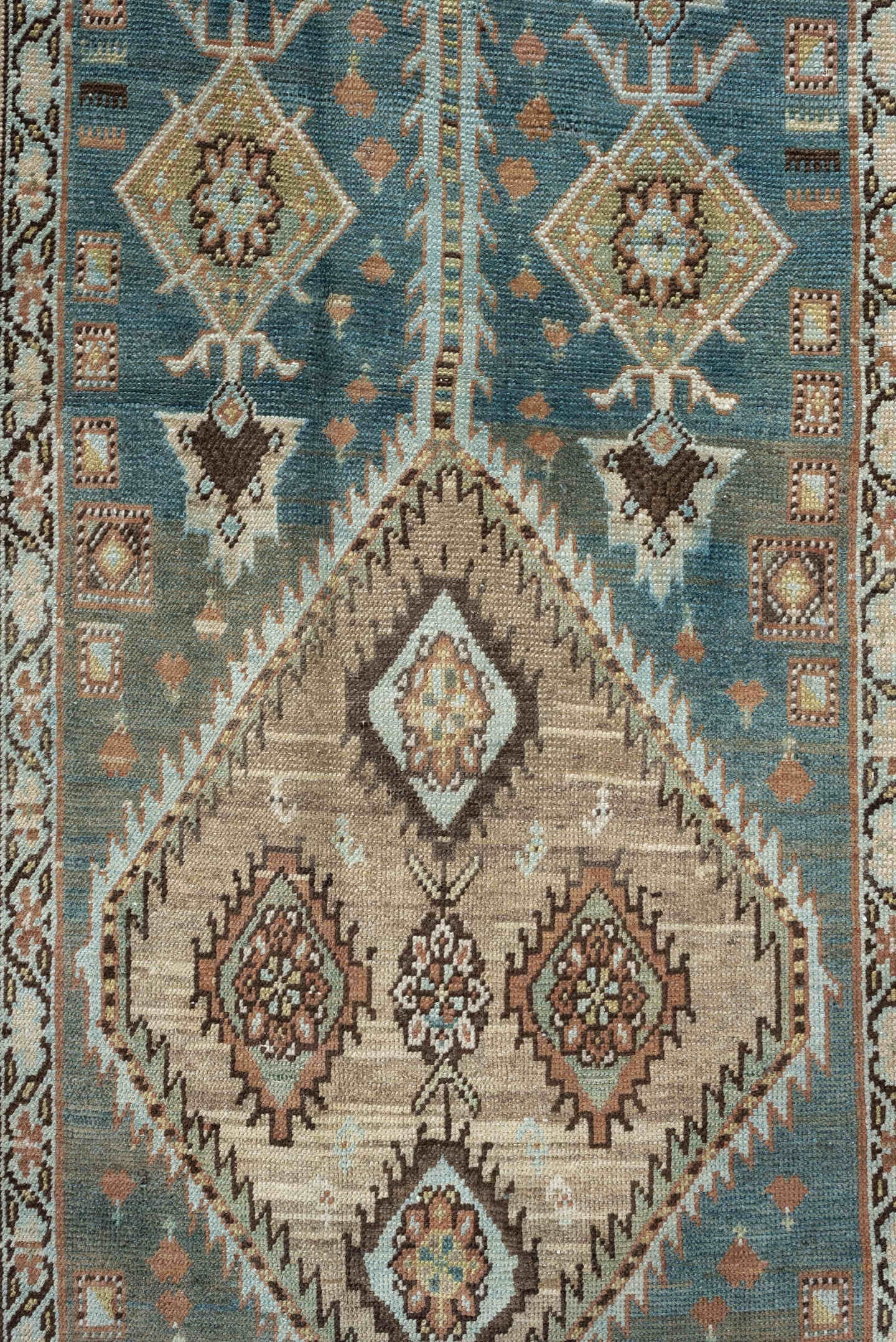 2' x 13' one-of-a-kind handmade antique Heriz runner rug. Color palette: ivory, teal, taupe, brown, rust, charcoal, camel
