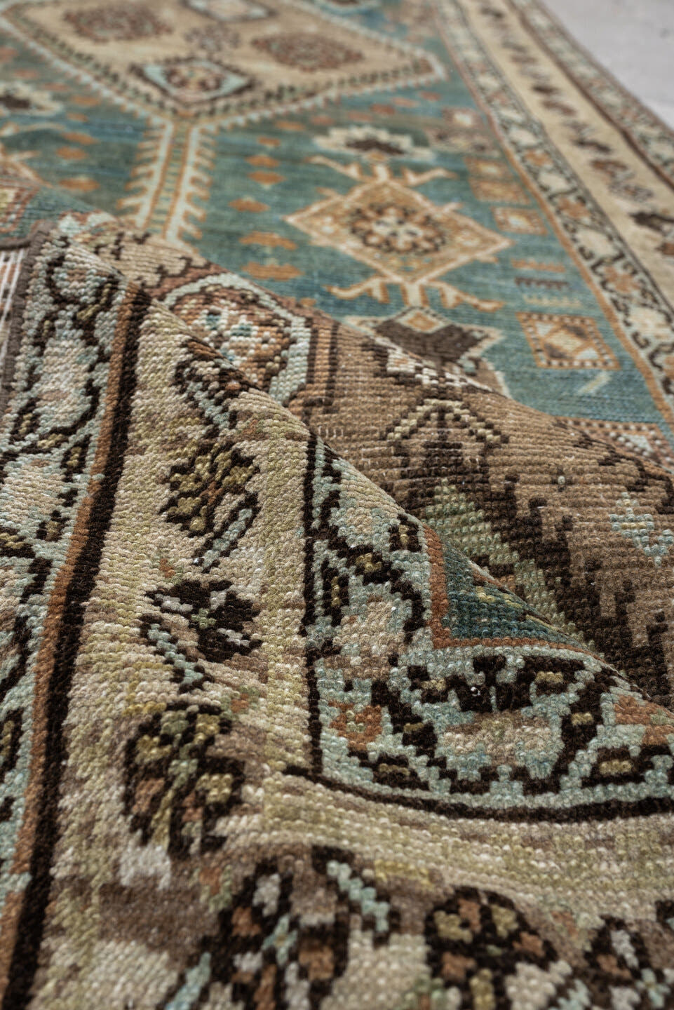 2' x 13' one-of-a-kind handmade antique Heriz runner rug. Color palette: ivory, teal, taupe, brown, rust, charcoal, camel