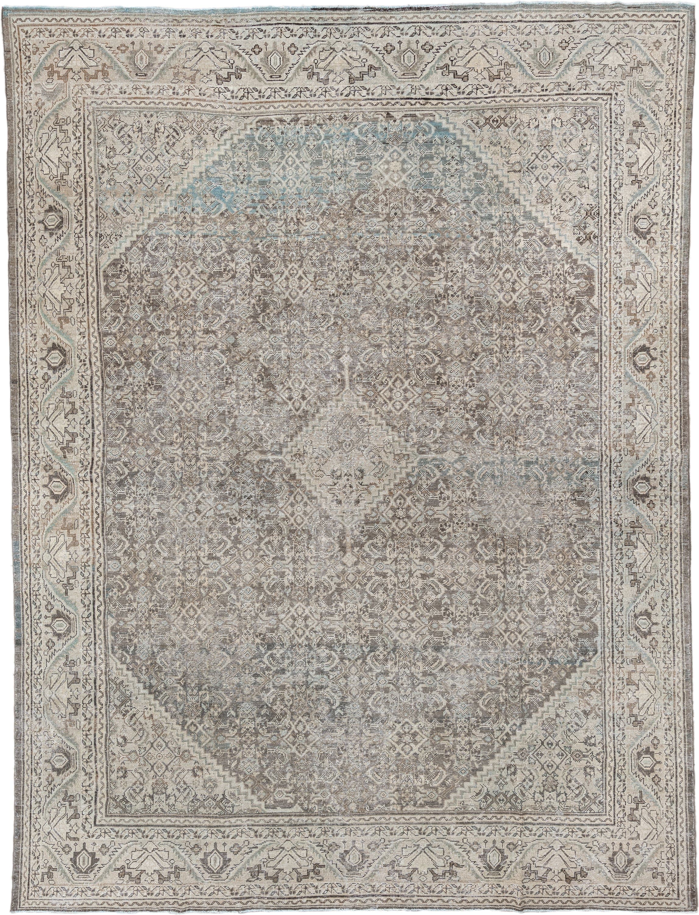 10' x 13' one-of-a-kind handmade antique Mahal large size rug. Color palette: taupe, ivory, light blue, beige, gray, camel