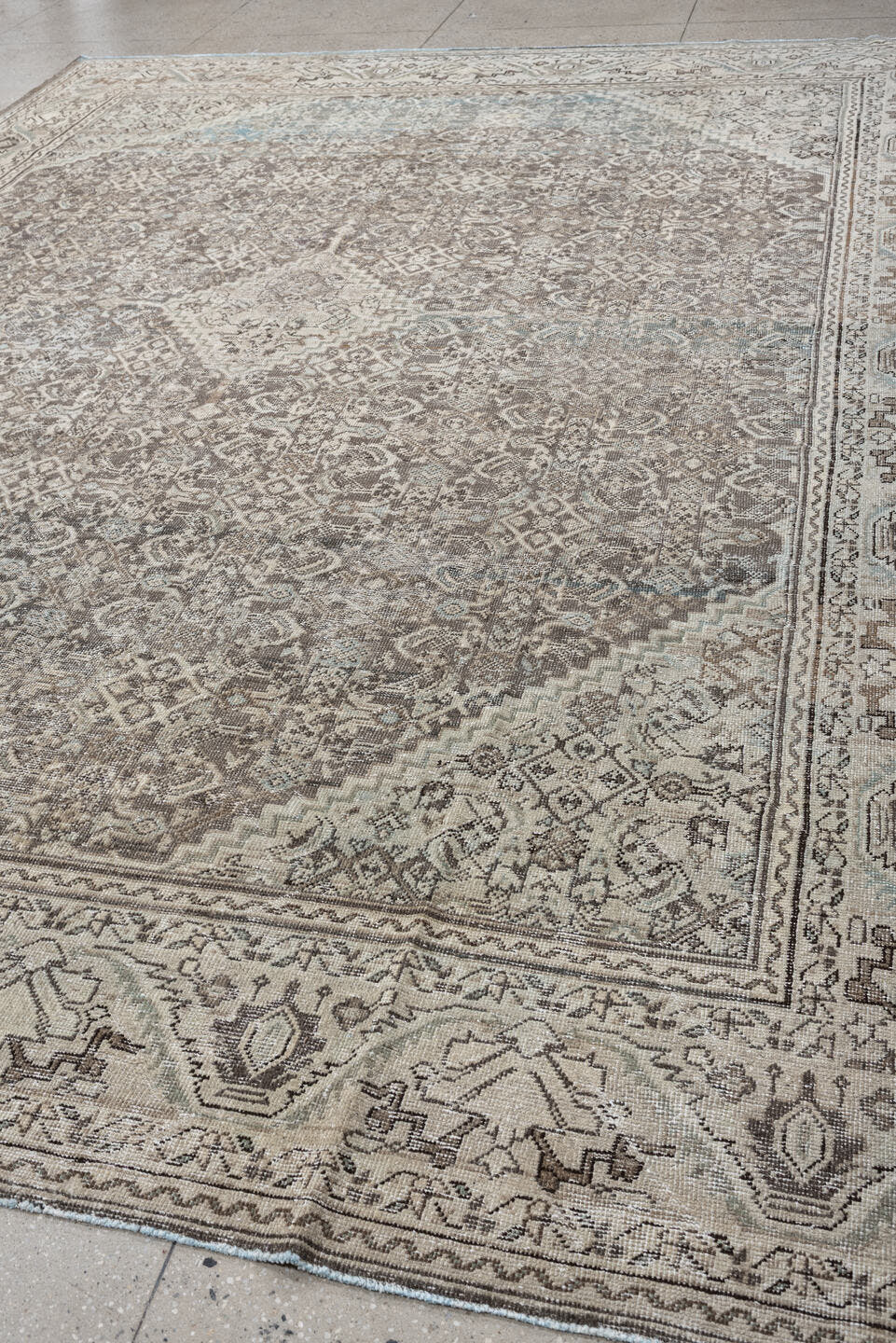 10' x 13' one-of-a-kind handmade antique Mahal large size rug. Color palette: taupe, ivory, light blue, beige, gray, camel