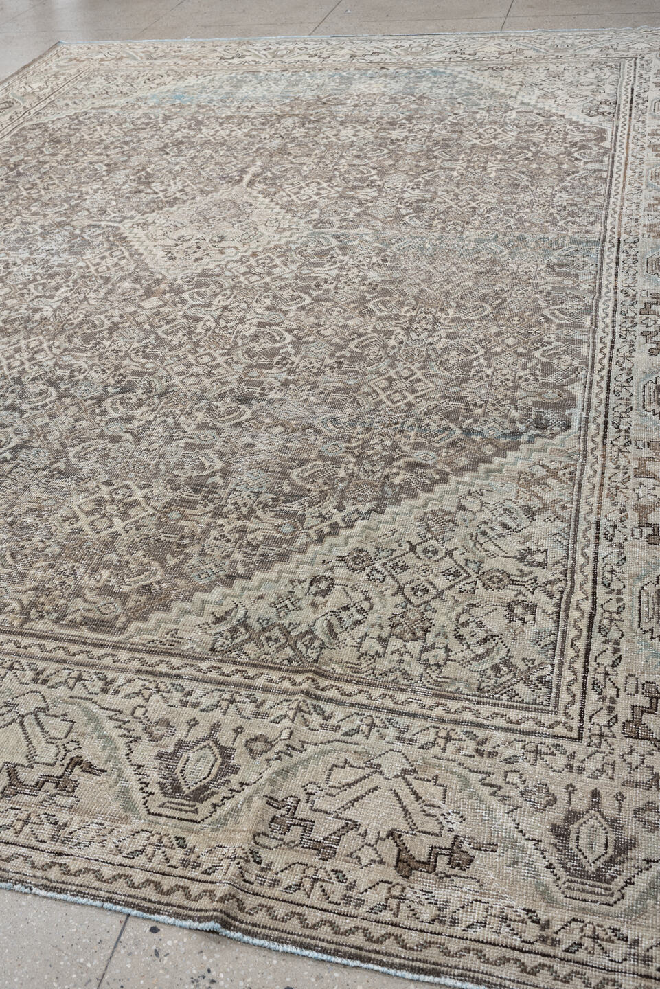 10' x 13' one-of-a-kind handmade antique Mahal large size rug. Color palette: taupe, ivory, light blue, beige, gray, camel