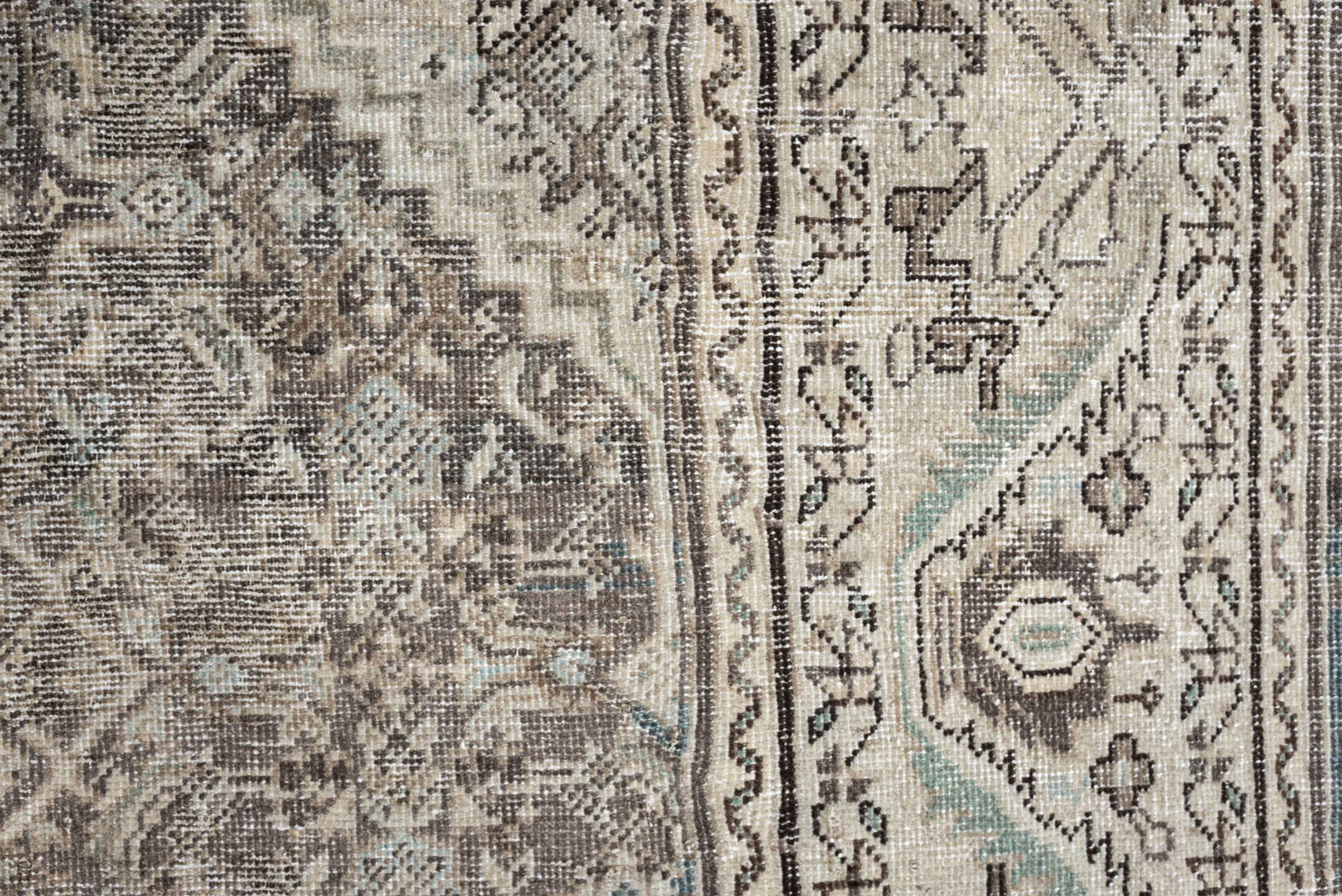 10' x 13' one-of-a-kind handmade antique Mahal large size rug. Color palette: taupe, ivory, light blue, beige, gray, camel