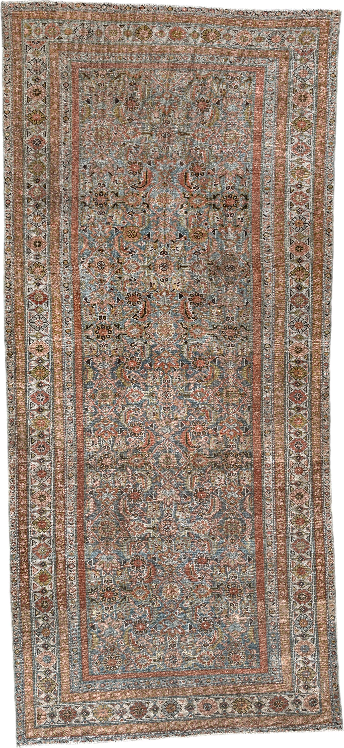 4' x 10' one-of-a-kind handmade antique Malayer runner rug. Color palette: blue, rust, ivory, taupe, sage, camel, charcoal
