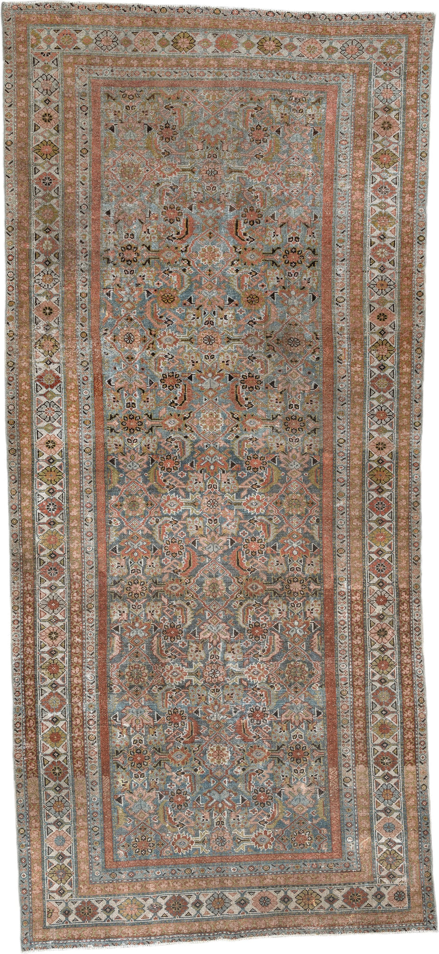 4' x 10' one-of-a-kind handmade antique Malayer runner rug. Color palette: blue, rust, ivory, taupe, sage, camel, charcoal