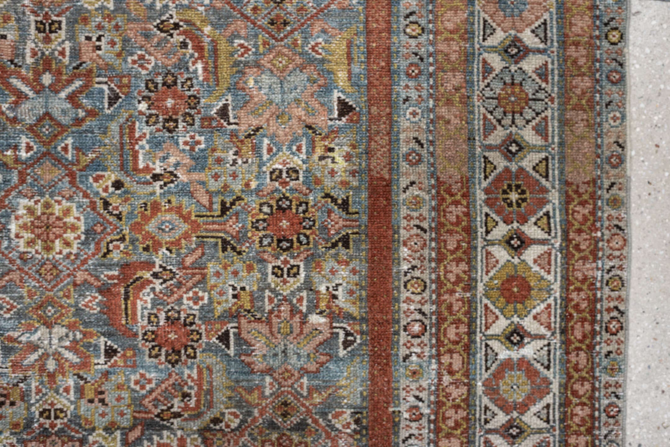 4' x 10' one-of-a-kind handmade antique Malayer runner rug. Color palette: blue, rust, ivory, taupe, sage, camel, charcoal