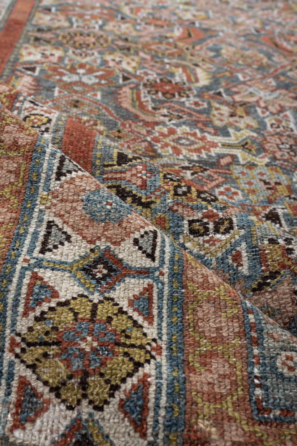 4' x 10' one-of-a-kind handmade antique Malayer runner rug. Color palette: blue, rust, ivory, taupe, sage, camel, charcoal