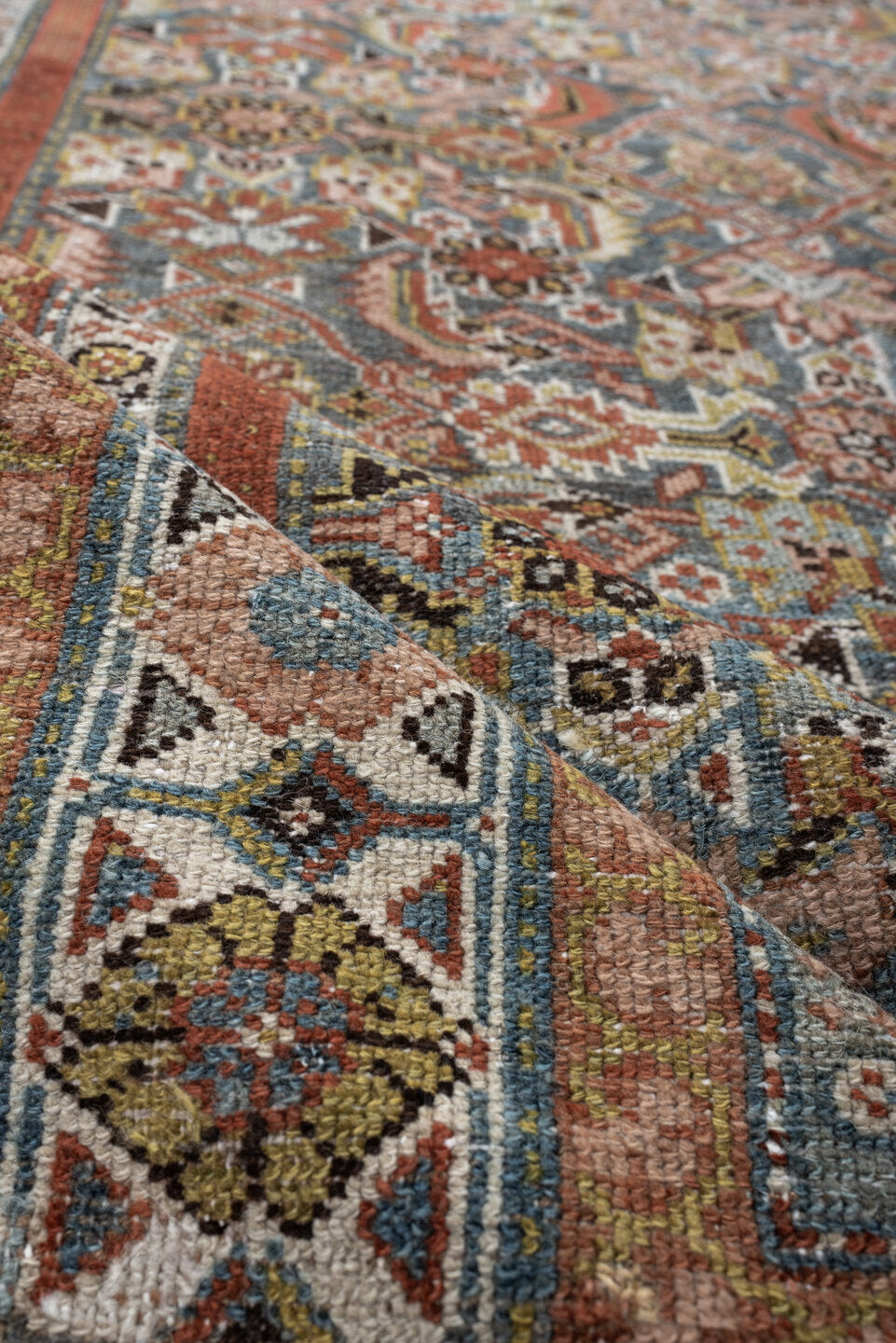 4' x 10' one-of-a-kind handmade antique Malayer runner rug. Color palette: blue, rust, ivory, taupe, sage, camel, charcoal