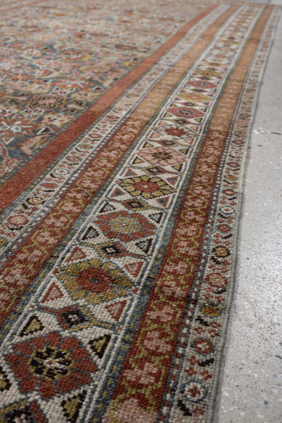 4' x 10' one-of-a-kind handmade antique Malayer runner rug. Color palette: blue, rust, ivory, taupe, sage, camel, charcoal