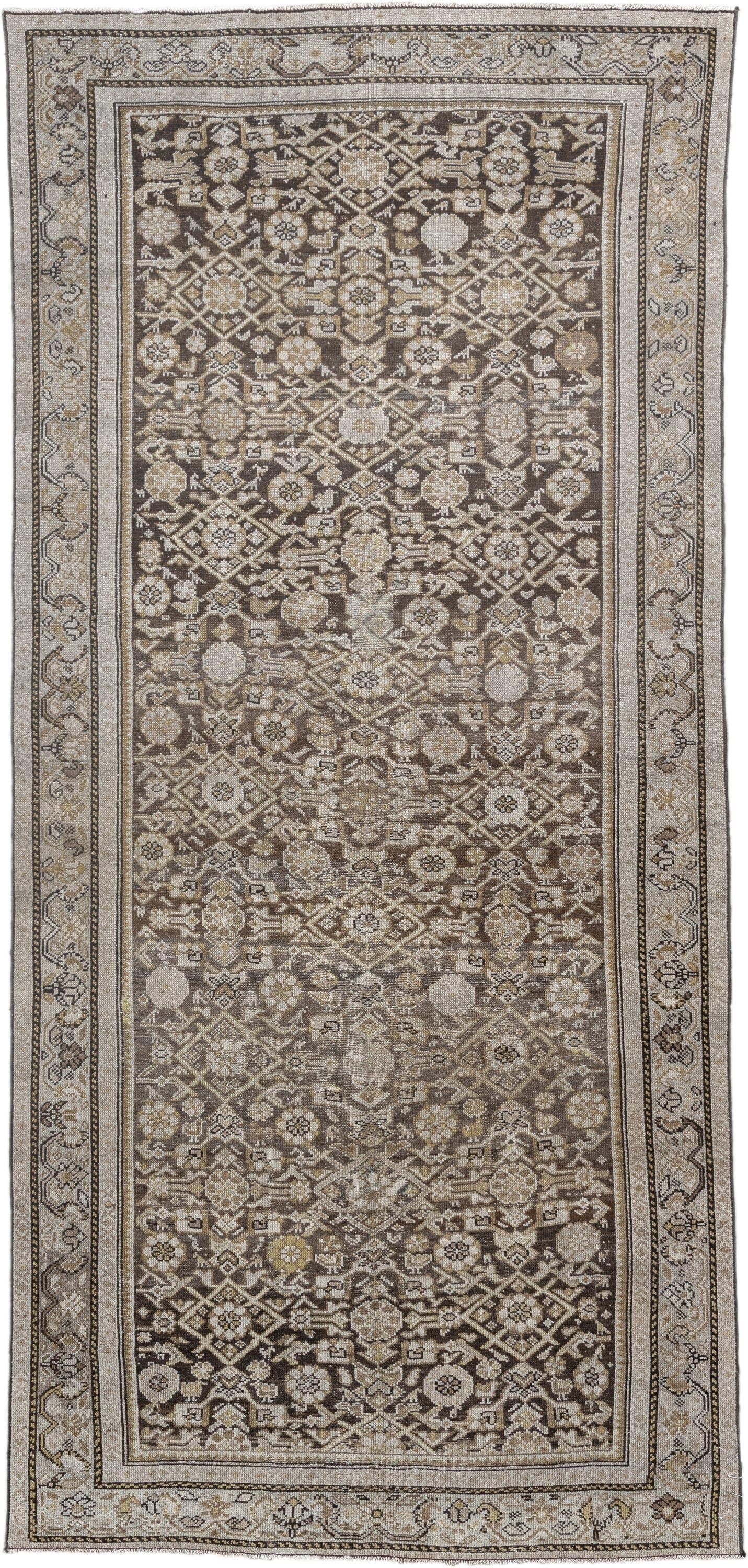 4' x 9' one-of-a-kind handmade antique Malayer runner rug. Color palette: taupe, ivory, brown, camel, gold, beige, gray