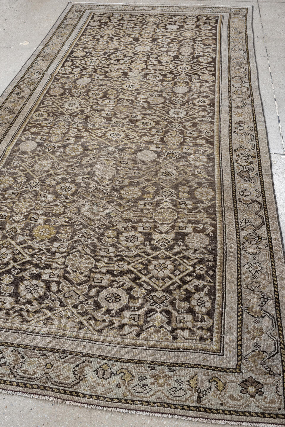 4' x 9' one-of-a-kind handmade antique Malayer runner rug. Color palette: taupe, ivory, brown, camel, gold, beige, gray