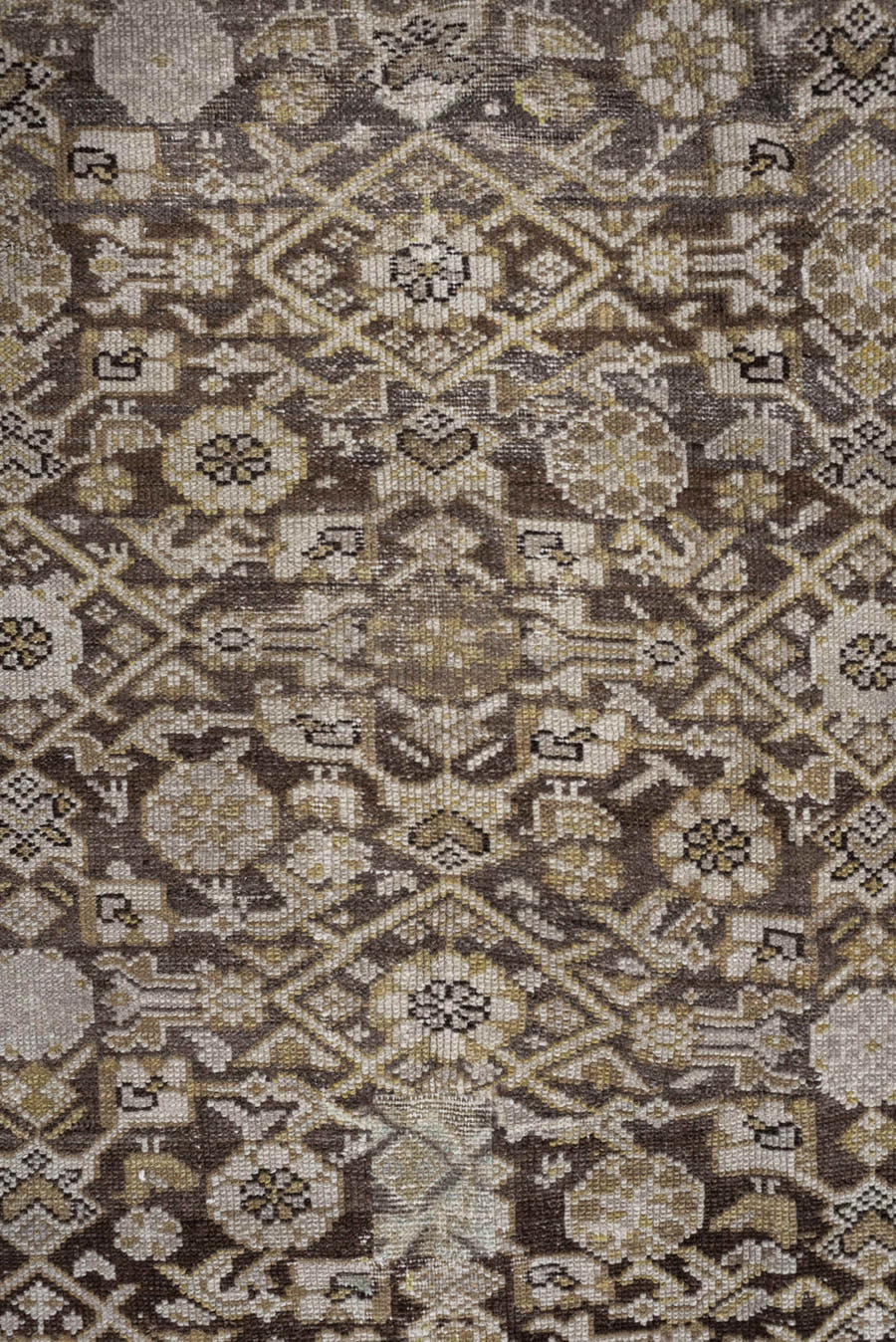 4' x 9' one-of-a-kind handmade antique Malayer runner rug. Color palette: taupe, ivory, brown, camel, gold, beige, gray