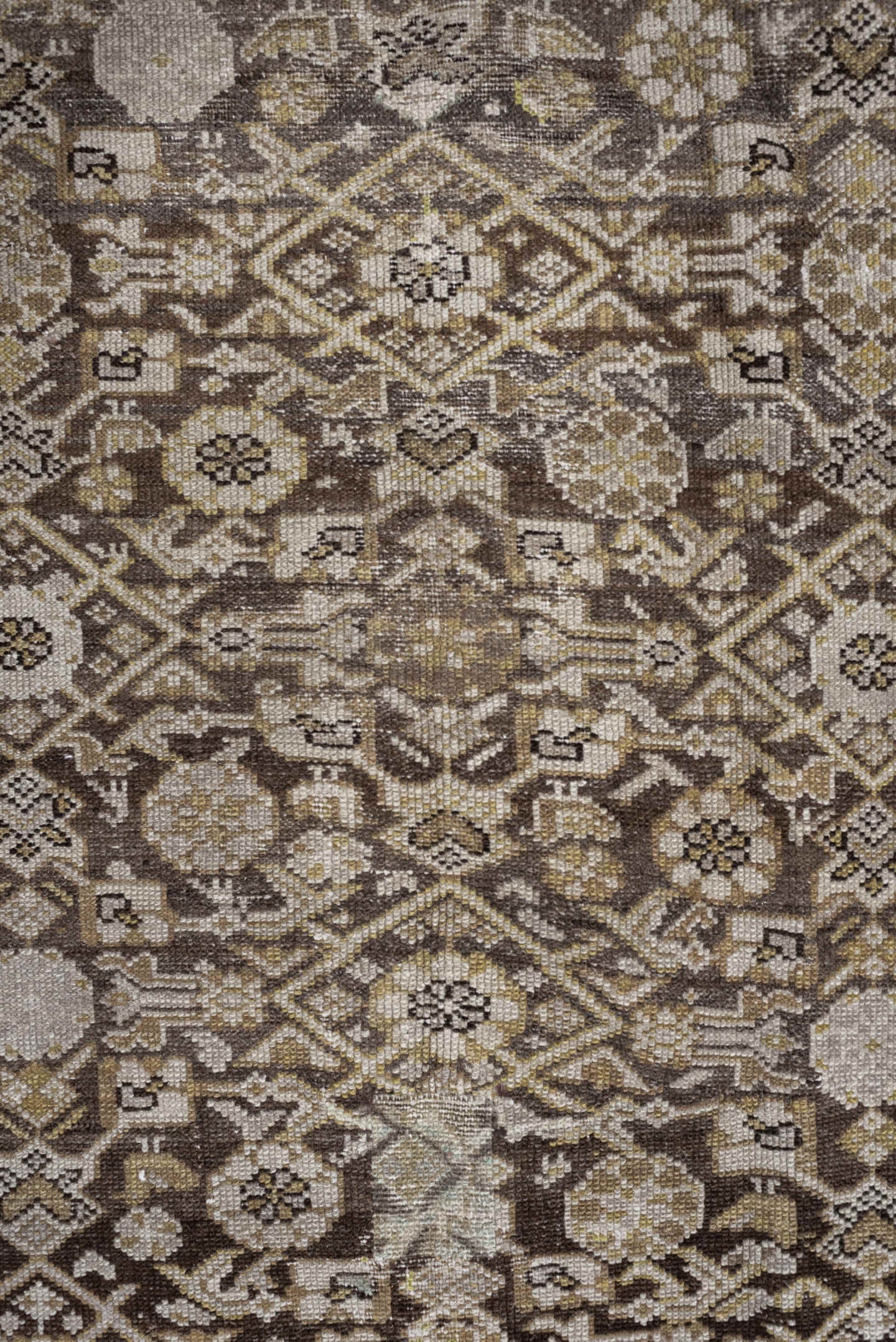 4' x 9' one-of-a-kind handmade antique Malayer runner rug. Color palette: taupe, ivory, brown, camel, gold, beige, gray