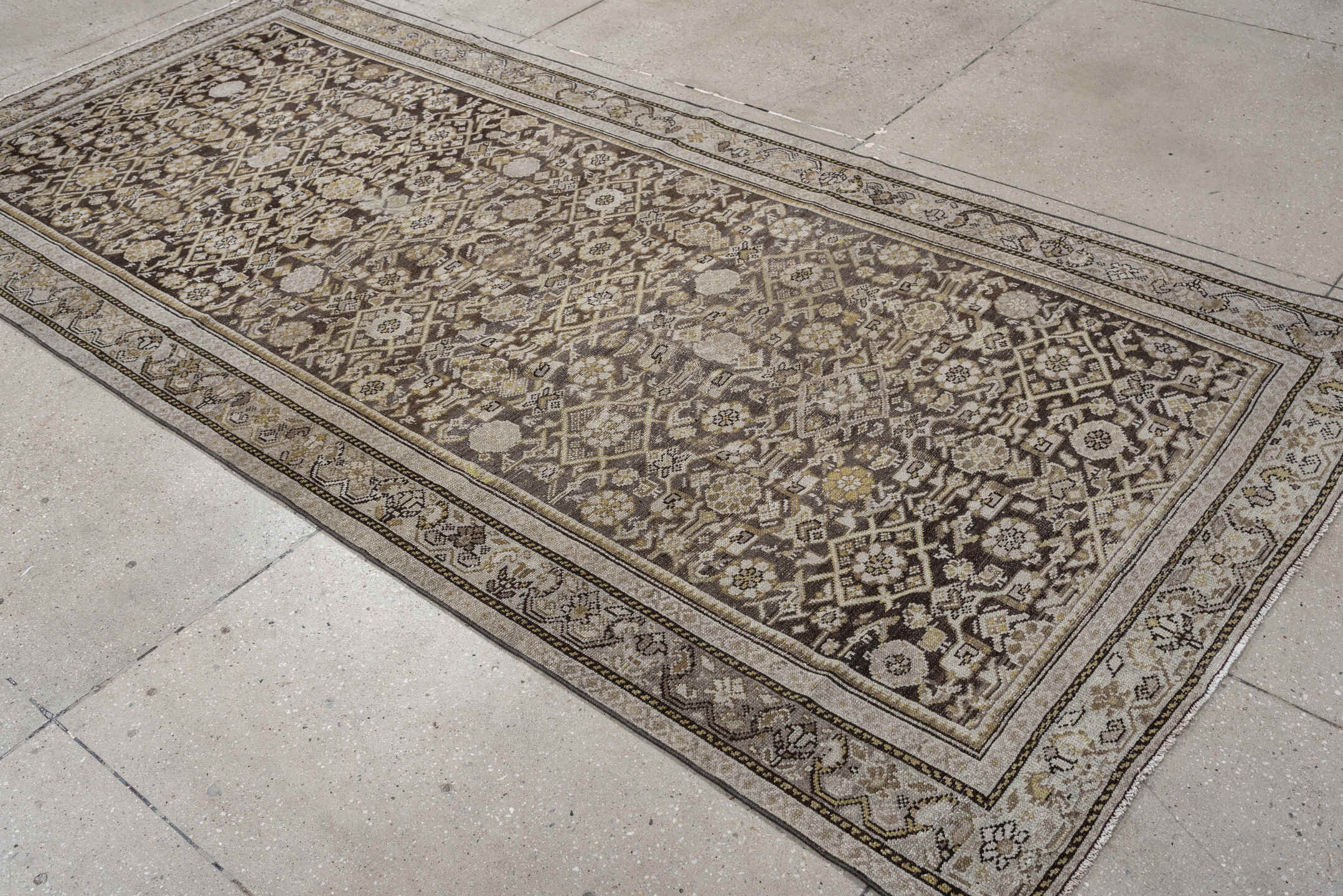 4' x 9' one-of-a-kind handmade antique Malayer runner rug. Color palette: taupe, ivory, brown, camel, gold, beige, gray