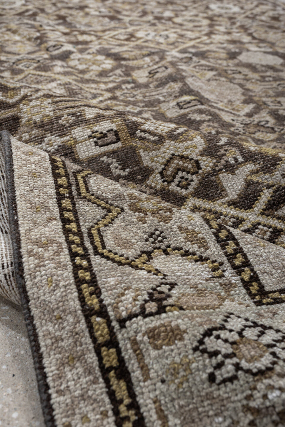 4' x 9' one-of-a-kind handmade antique Malayer runner rug. Color palette: taupe, ivory, brown, camel, gold, beige, gray