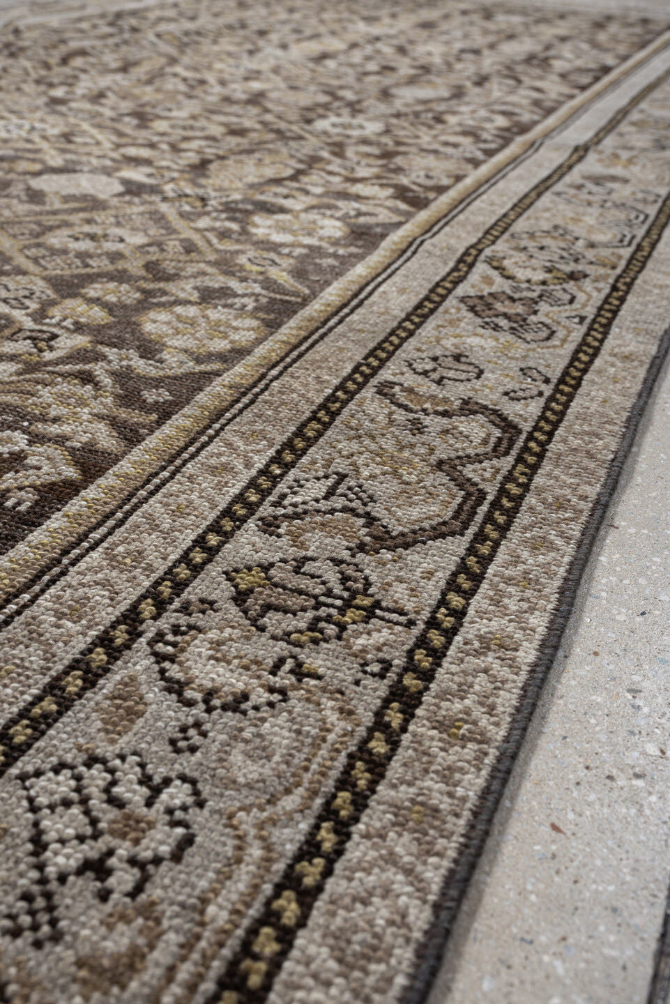 4' x 9' one-of-a-kind handmade antique Malayer runner rug. Color palette: taupe, ivory, brown, camel, gold, beige, gray