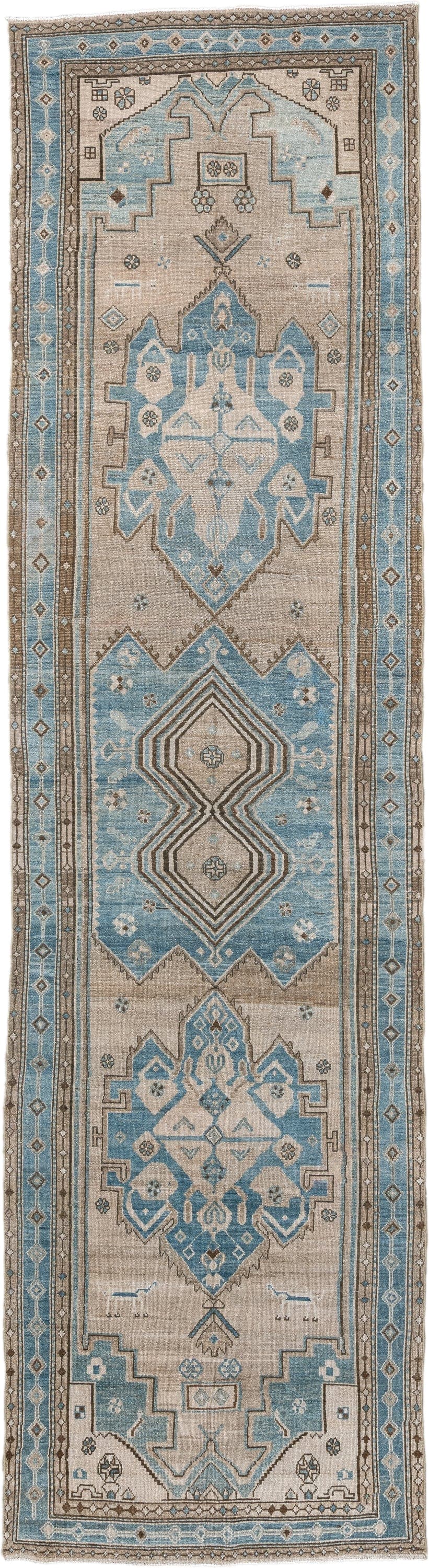3' x 12' one-of-a-kind handmade antique Hamadan runner rug. Color palette: ivory, sky blue, taupe, brown, camel, light blue