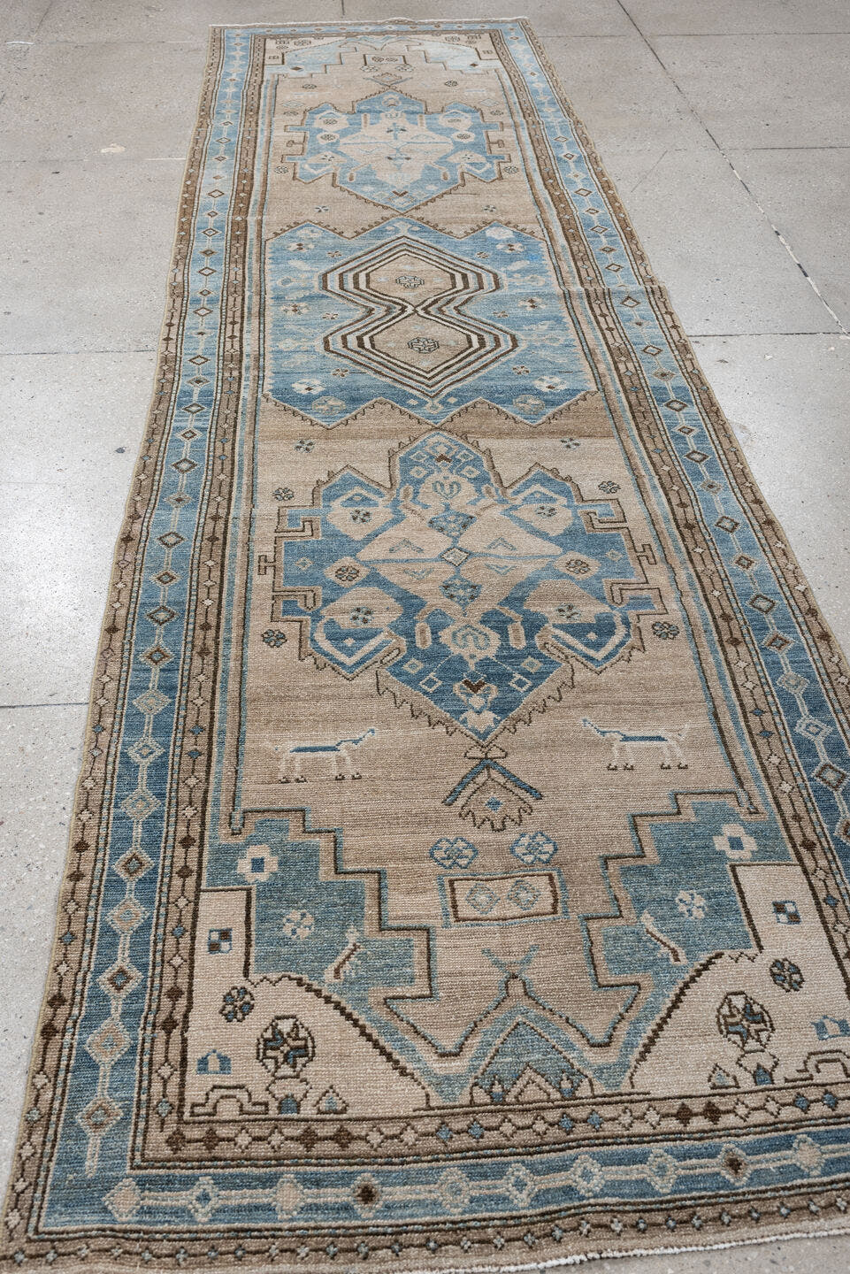 3' x 12' one-of-a-kind handmade antique Hamadan runner rug. Color palette: ivory, sky blue, taupe, brown, camel, light blue