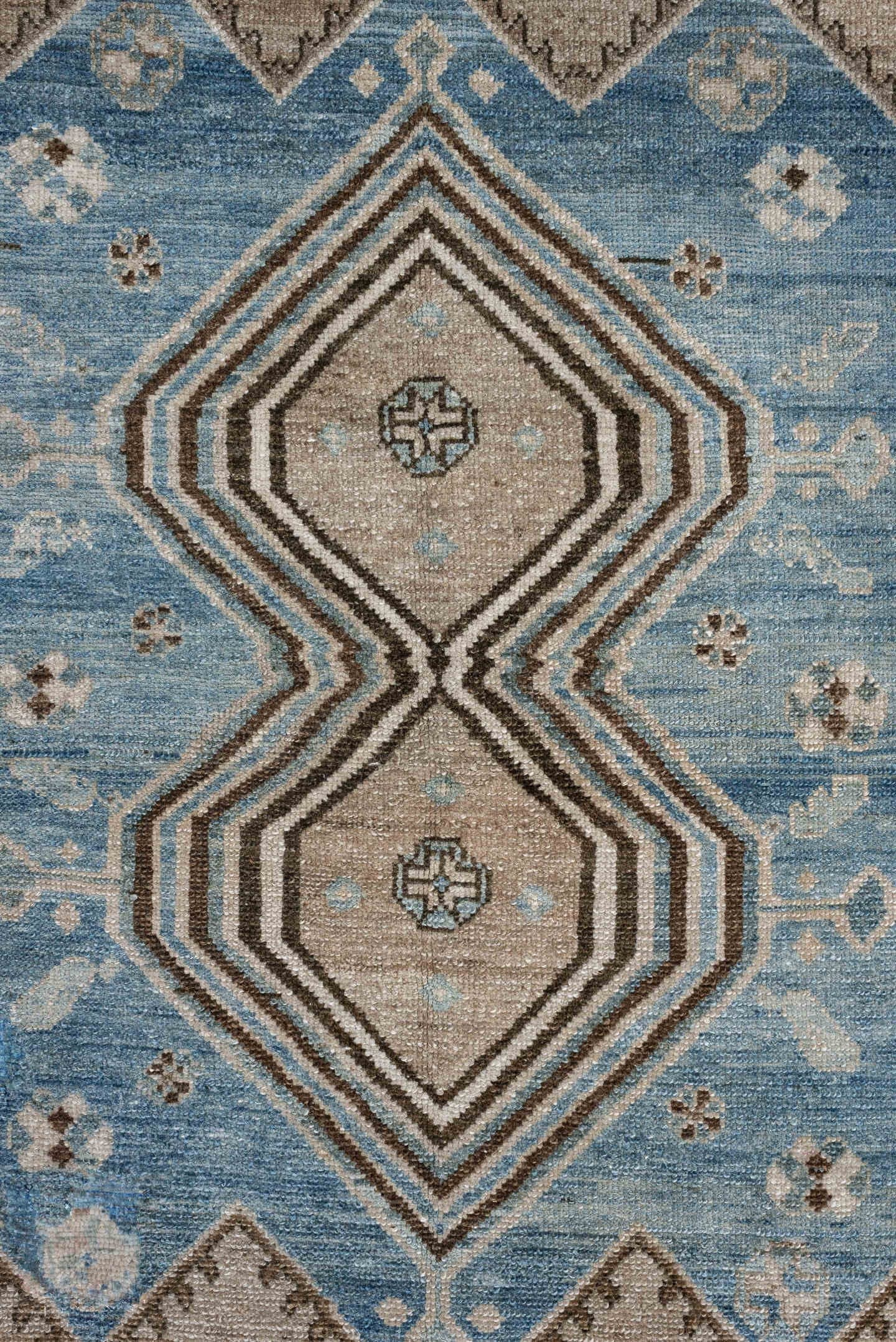 3' x 12' one-of-a-kind handmade antique Hamadan runner rug. Color palette: ivory, sky blue, taupe, brown, camel, light blue