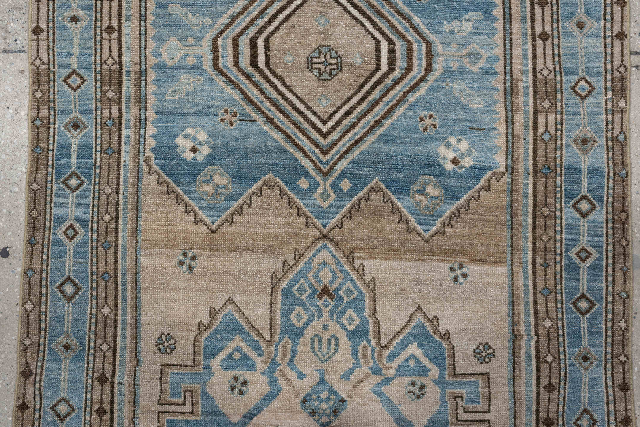 3' x 12' one-of-a-kind handmade antique Hamadan runner rug. Color palette: ivory, sky blue, taupe, brown, camel, light blue